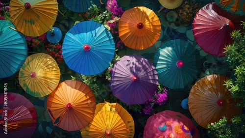 Experience the vibrant spectacle of colorful umbrellas from a top view  perfect for cinema photography with ultra-high resolution capturing rain and sunshine.