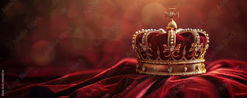 Beautiful gold and red crown on velvet pillow. Generate AI image