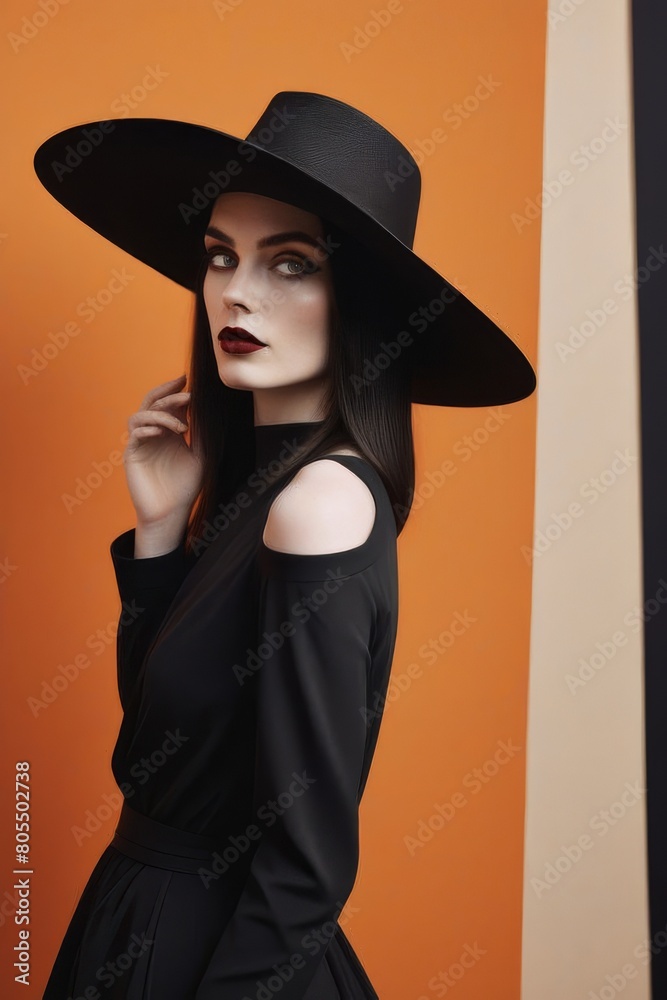 Portrait of a mysterious beautiful young woman in a red hat with red lips. Fashionable glamor fashion makeup. Sensual red lips.