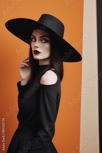 Obraz na płótnie Portrait of a mysterious beautiful young woman in a red hat with red lips. Fashionable glamor fashion makeup. Sensual red lips. w salonie