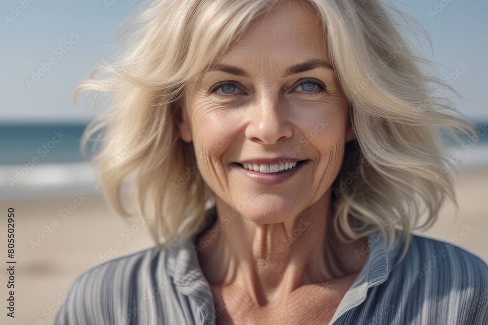 Well-groomed happy elderly blonde woman with long ash-colored hair on the seashore. Portrait of a 55 year old woman.