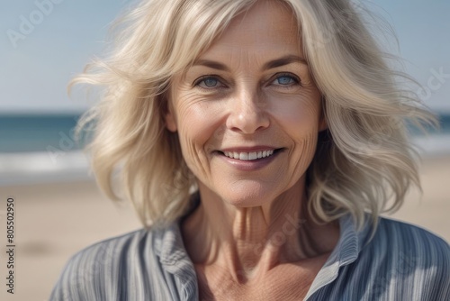 Obraz na płótnie Well-groomed happy elderly blonde woman with long ash-colored hair on the seashore. Portrait of a 55 year old woman. w salonie