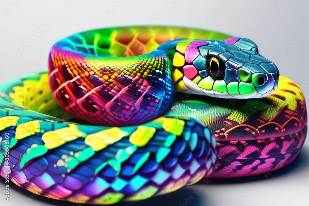 Bright snake in LGBT rainbow colors on a white background