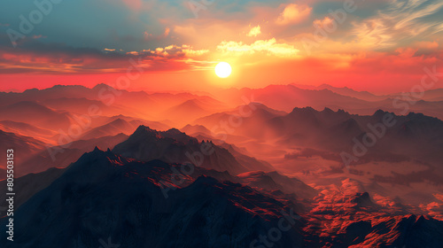 Fiery Sunset Majesty: Rugged Mountain Ridge Silhouetted Against the Sky © M.Adnan