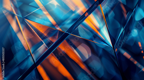 A close-up abstract view where blue and orange light rays intersect at sharp angles, creating a modern, geometric pattern. The precise lines are softened by the addition of bokeh effects photo