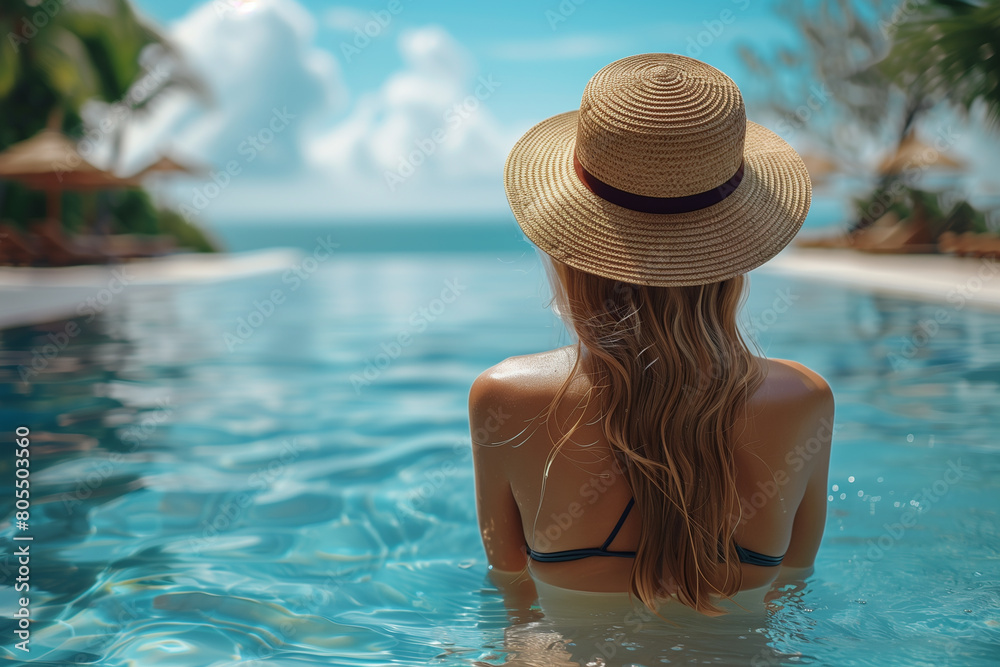 Beautiful girl wearing swimming suit and straw hat relaxing in pool at luxury resort. Summer vacation concept