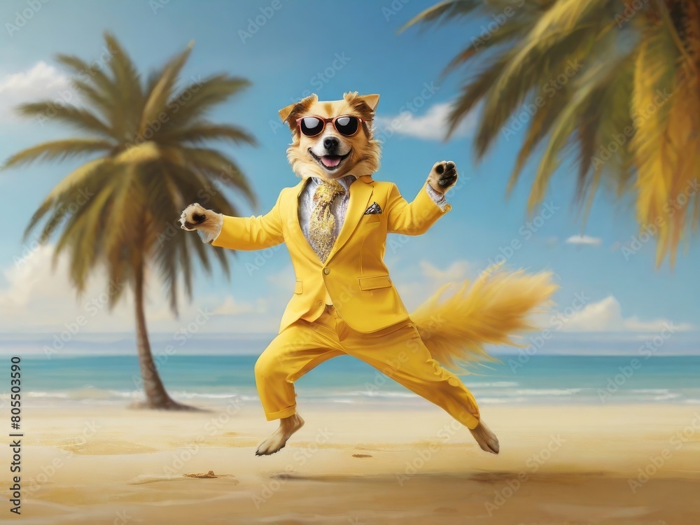 Summer dog character in a bright suit, hat and sunglasses dances on the beach by the sea. illustration with glamorous cartoon cheerful dog on the beach
