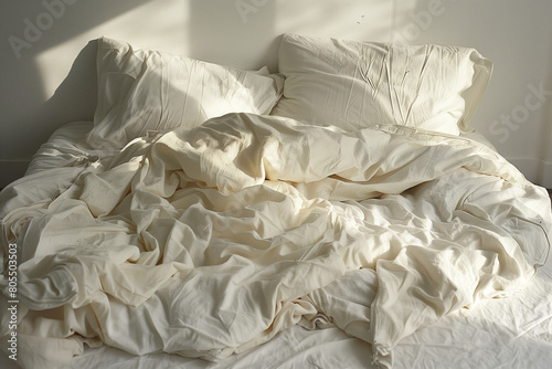 A messy bed with white sheets, falling shadows