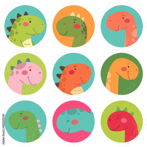 A collection of chip avatars with dinosaurs, funny dinosaur avatars in a cartoon flat style. Vector isolates.
