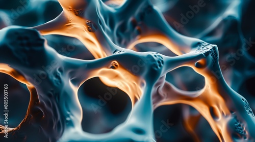 Detailed close-up view of inflamed bone tissue, medical style illustration on dark blue photo