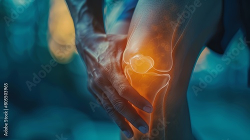 Medical close-up showing a hand gripping a swollen knee with highlighted injury areas photo