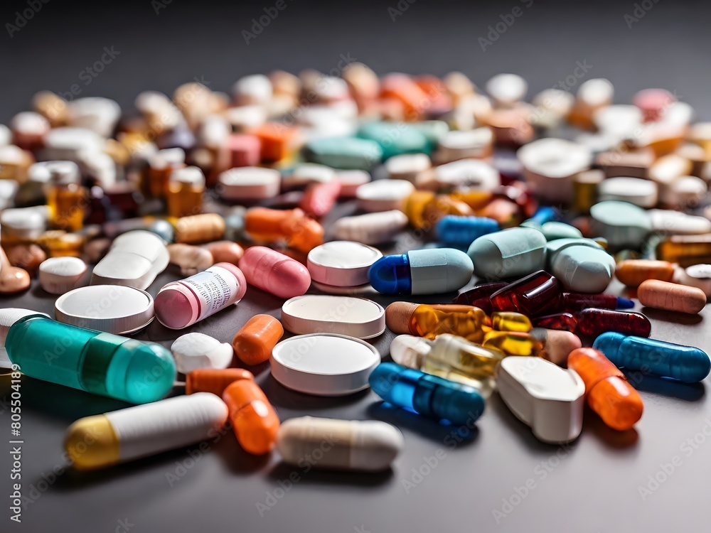 vitamins, and a variety of medicines, scattered across a surface, representing healthcare and medication diversity.
