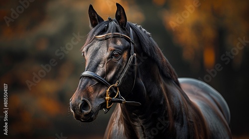 A regal horse posing against a classic studio backdrop.Professional photographer perspective photo