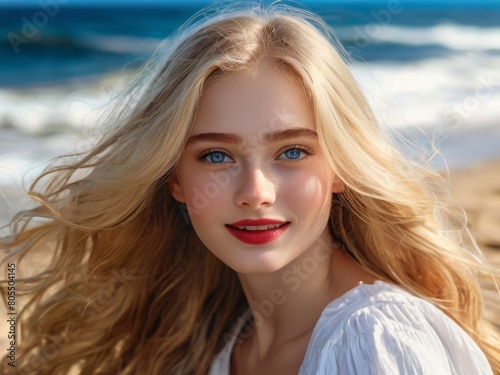 Close-up portrait of a young beautiful happy blonde woman with a smile with long hair on the seashore. Summer tropical mood.