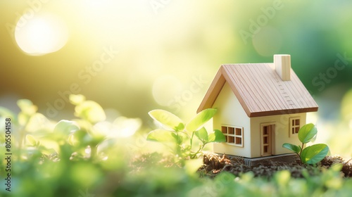 Copy space of home and life concept. Small model home on green grass with sunlight abstract background