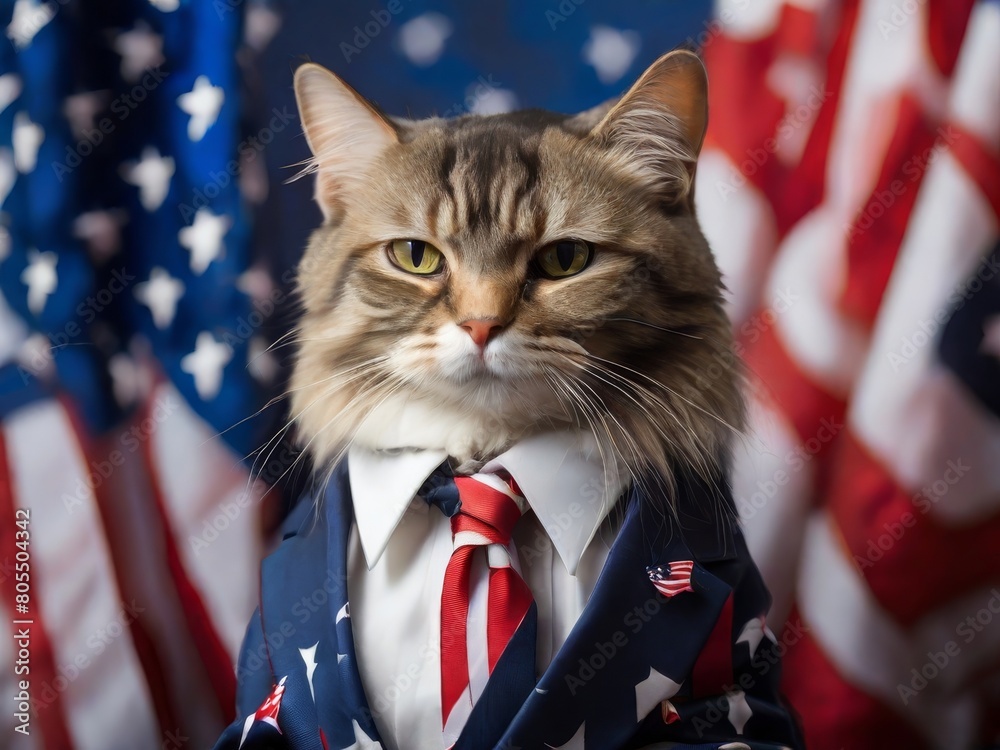 Serious cat in a suit against the background of the US flag. US Independence Day