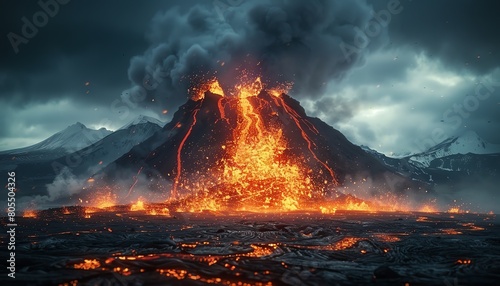 A volcanic eruption unleashes its pentup fury with explosive strength, spewing molten lava and ash into the atmosphere photo