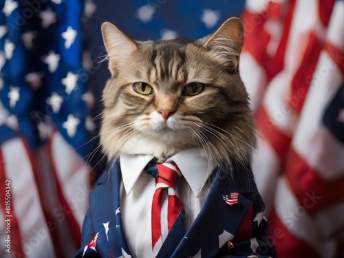 Obraz na płótnie Serious cat in a suit against the background of the US flag. US Independence Day w salonie
