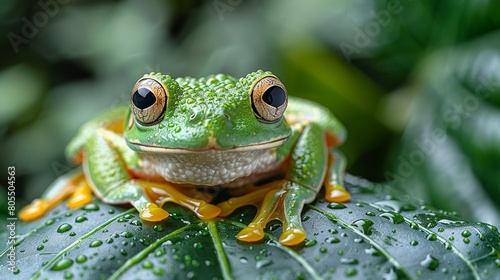 Green Tree Frog sitting on a studio leaf