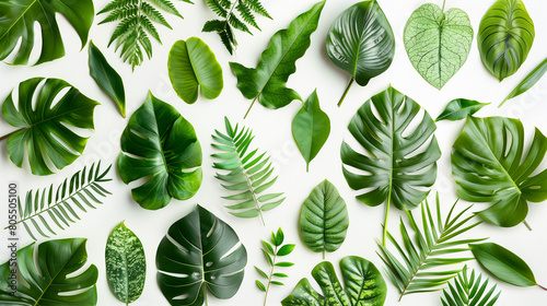 Collezione di foglie verdi di piante tropicali su sfondo neutro photo