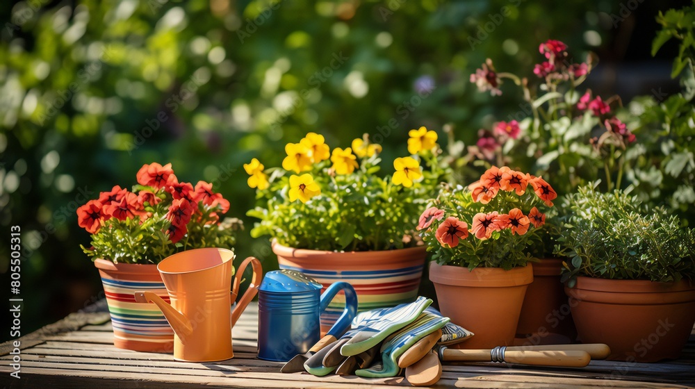 A Gardener's Tool Set with Flowerpots in a Sunny