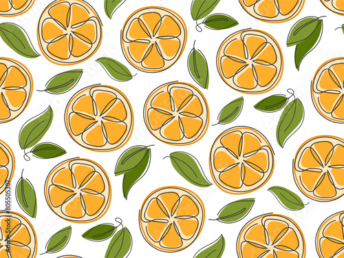 Orange slices seamless pattern. Modern abstract fruit background. Continuous line drawn illustration. Template for lemonade juice packaging, fabric print, cover, wallpaper