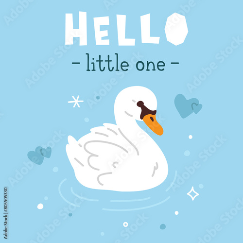 A blue vector background with the word hello little one on it and cartoon baby swan