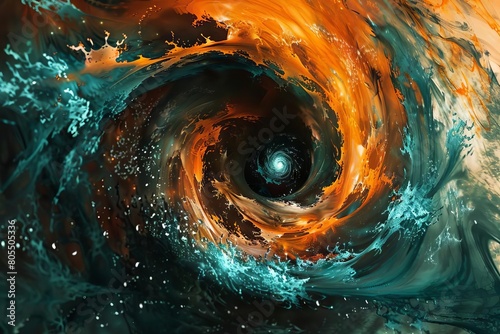 cosmic cataclysm abstract spiral galaxy with a gaping hole dark orange and teal digital art photo