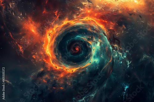 cosmic cataclysm abstract spiral galaxy with a gaping hole dark orange and teal digital art photo