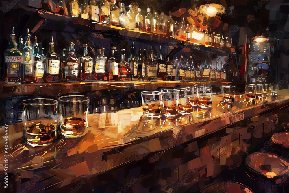 cozy pub ambiance with row of whiskey glasses on wooden bar counter digital painting