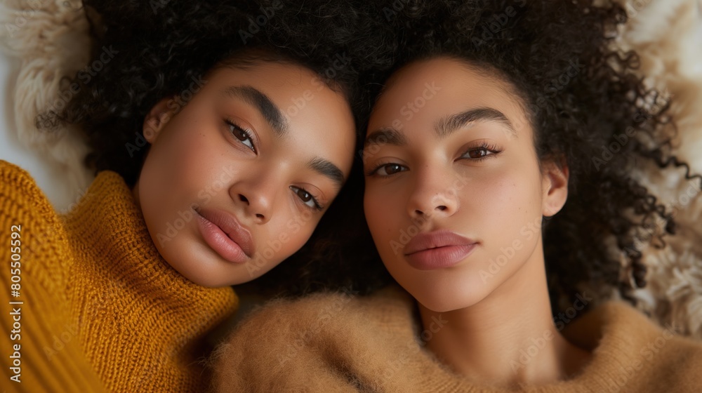 Two young women laying next to each other Two young women laying next to each other
