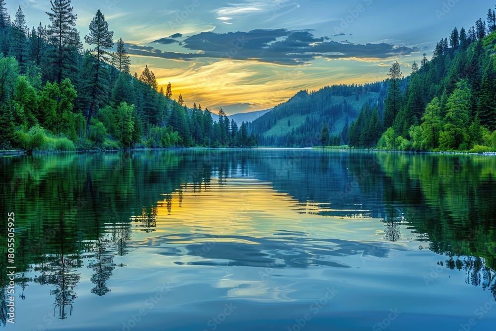 Landscape: Green Trees Reflect on Calm Evening Lake with Majestic Mountain