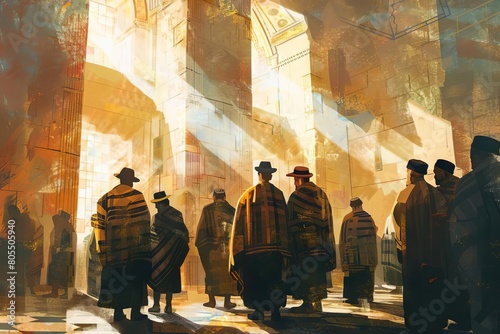 devout jewish men praying in tallit at orthodox synagogue ai generated illustration photo