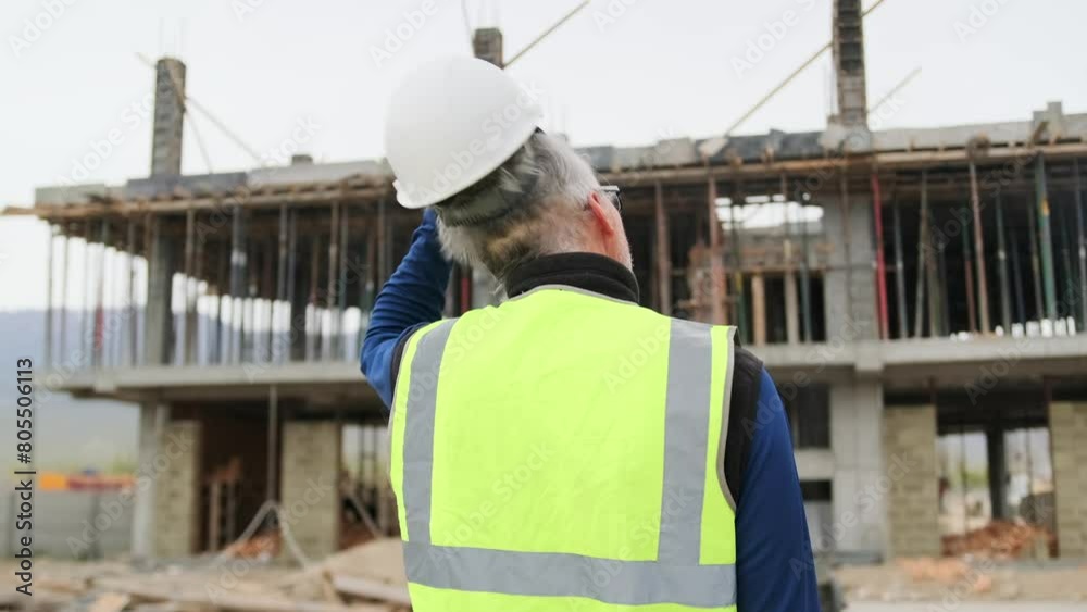 Tired engineer contractor at end of working day takes off his safety helmet while standing in front of an unfinished building with scaffolding on site inspecting the progress of construction work. Tired engineer contractor at end of working day takes off his safety helmet while standing in front of an unfinished building with scaffolding on site inspecting the progress of construction work.