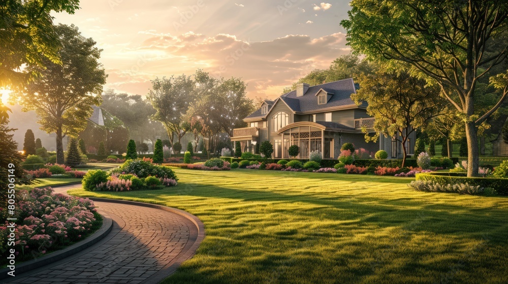 Beautiful house with well fared lawn and flowerbeds. Generate AI image Beautiful house with well fared lawn and flowerbeds. Generate AI image