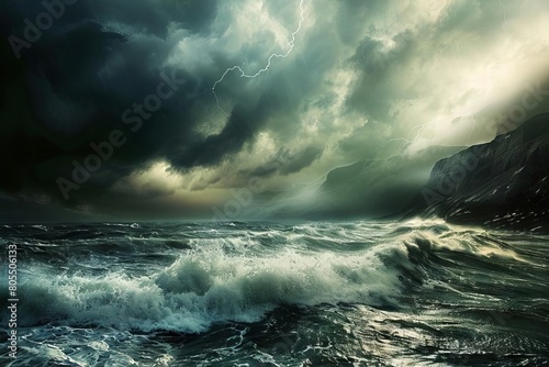 dramatic stormy sky looming over a treacherous wet coastline aigenerated seascape conveying natures power and beauty photo