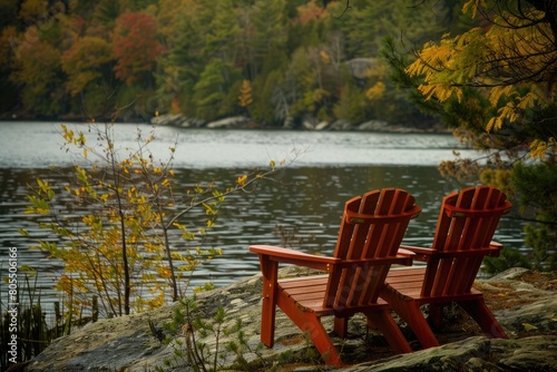 Tranquil Adirondack Chair Relaxation at Idyllic Lake Shore  Perfect for Vacation and Relaxing 