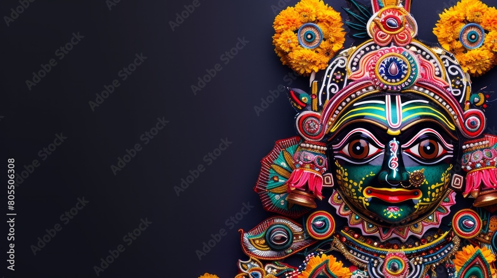 Naklejka premium Joyous Rath Yatra Celebration: Lord Jagannath and Mandala Black Background Banner