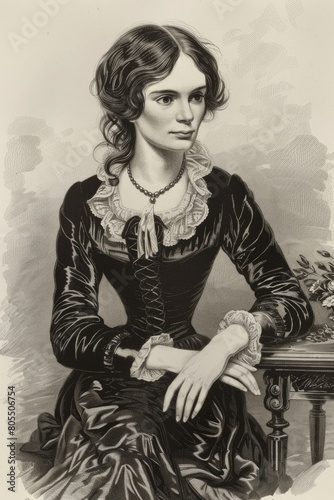 Vintage Portrait of Charlotte Bronte - Famous Woman of Antique Era in Engraved Style