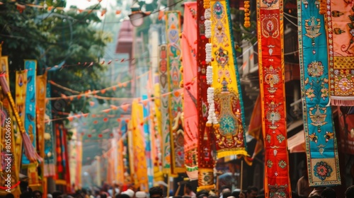 A vibrant display of traditional banners and pennants  showcasing the festive and celebratory atmosphere of the Jagannath Rath Yatra