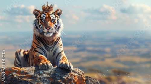 A cute tiger wearing a tiny crown and royal cape, sitting regally atop Pride Rock, with a cute baby face, big eyes photo