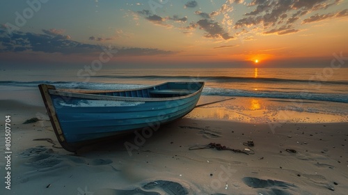 Sunrise on the Seacoast of Avalon: A Serene Morning at the Beach with Boats in the City