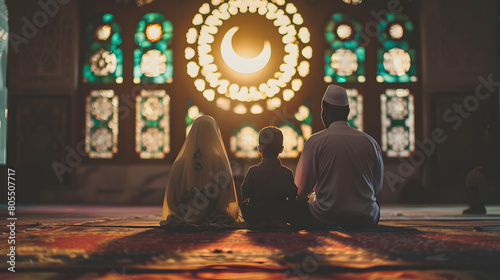 Young muslim family looking at crescent moon in mosque window