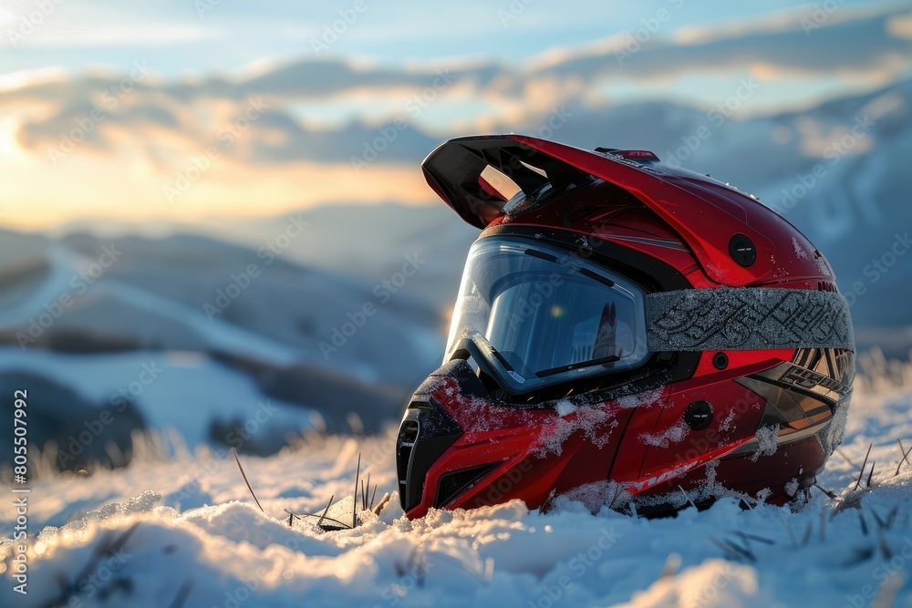 Snowmobile Helmet on Display with Picturesque Mountain Scenery at State Nature Reserve Snowmobile Helmet on Display with Picturesque Mountain Scenery at State Nature Reserve
