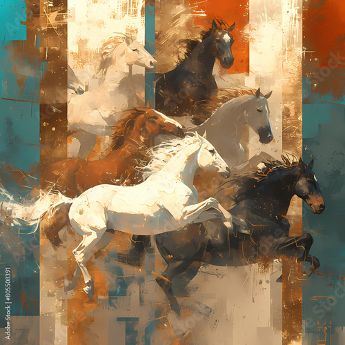 Elevated Equestrian Art: A Dynamic Abstract Collection of Galloping Horses
