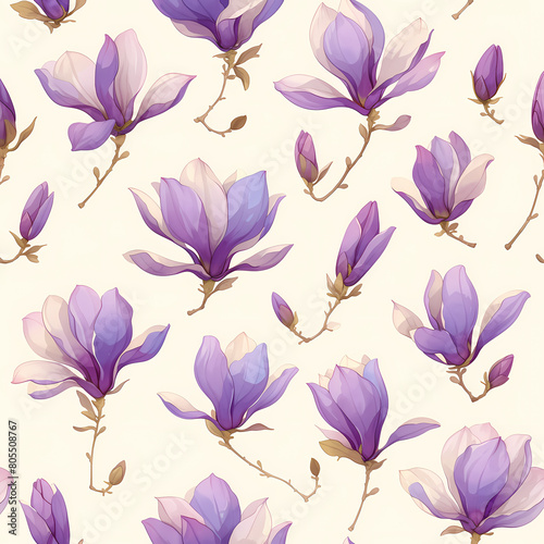 Exquisite Hand-Painted Seamless Pattern of Vivid Purple Magnolia Flowers for Decorative Textiles and Wallpapers