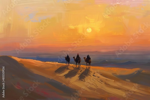 golden twilight in the desert camels trekking across serene dunes digital painting