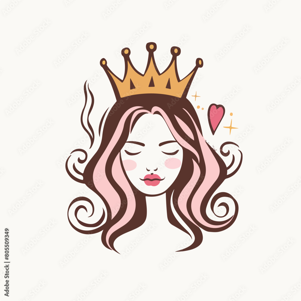 Woman with crown in cartoon, doodle style. Image for t-shirt, web, mobile apps and ui. Isolated 2d vector illustration in logo, icon, sketch style, Eps 10. AI Generative