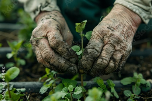 greenthumbed grandeur closeup of a gardeners weathered hands tending to plants highresolution photography