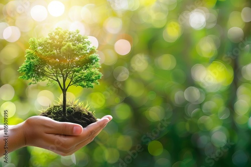 hands holding growing tree against sunny green background earth day concept digital illustration